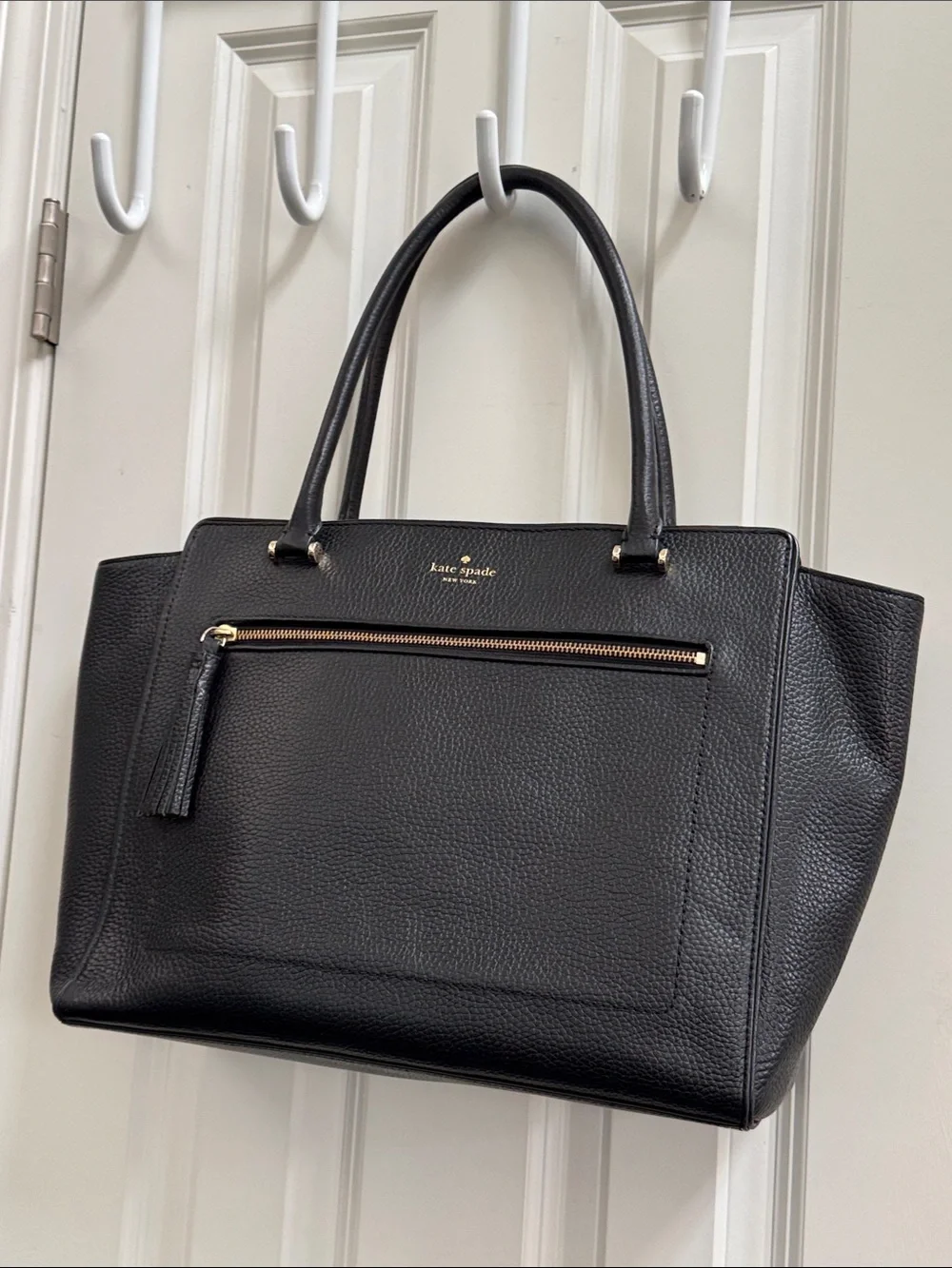 kate spade Black Pebbled Leather Tote with Front Zip Tassel